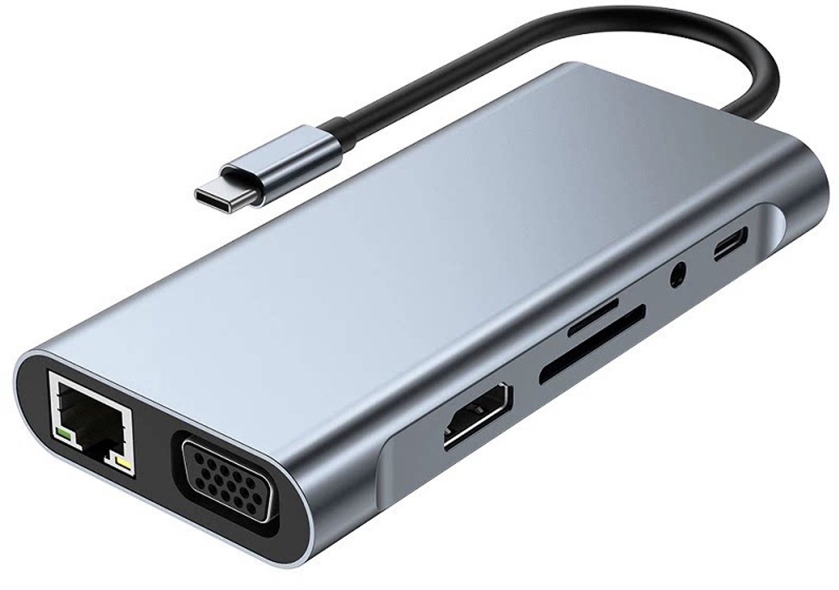 RAYOFI 11-in-1 docking station laptop - USB-C Hub Multi-Port Adapter - uitgerust met HD, VGA, 100 Mbps netwerkpoort, PD snelladen, USB3.0, USB2.0, TF/SD kaartlezer en 3,5 mm audioaansluiting