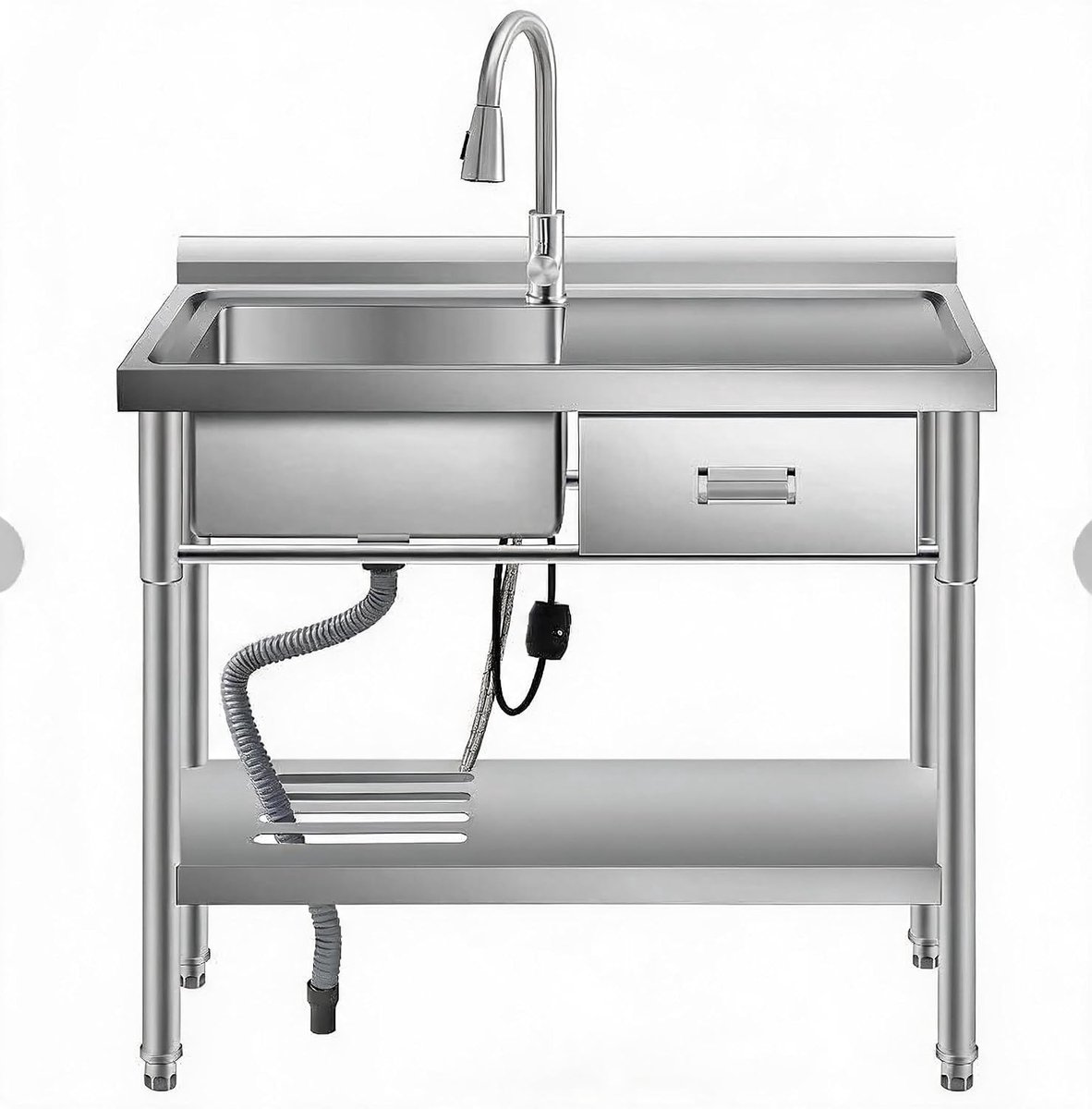 RVS Spoelbak 99x50x94 cm met Lade Rechts, Trekbare Kraan en Plank, Zilver