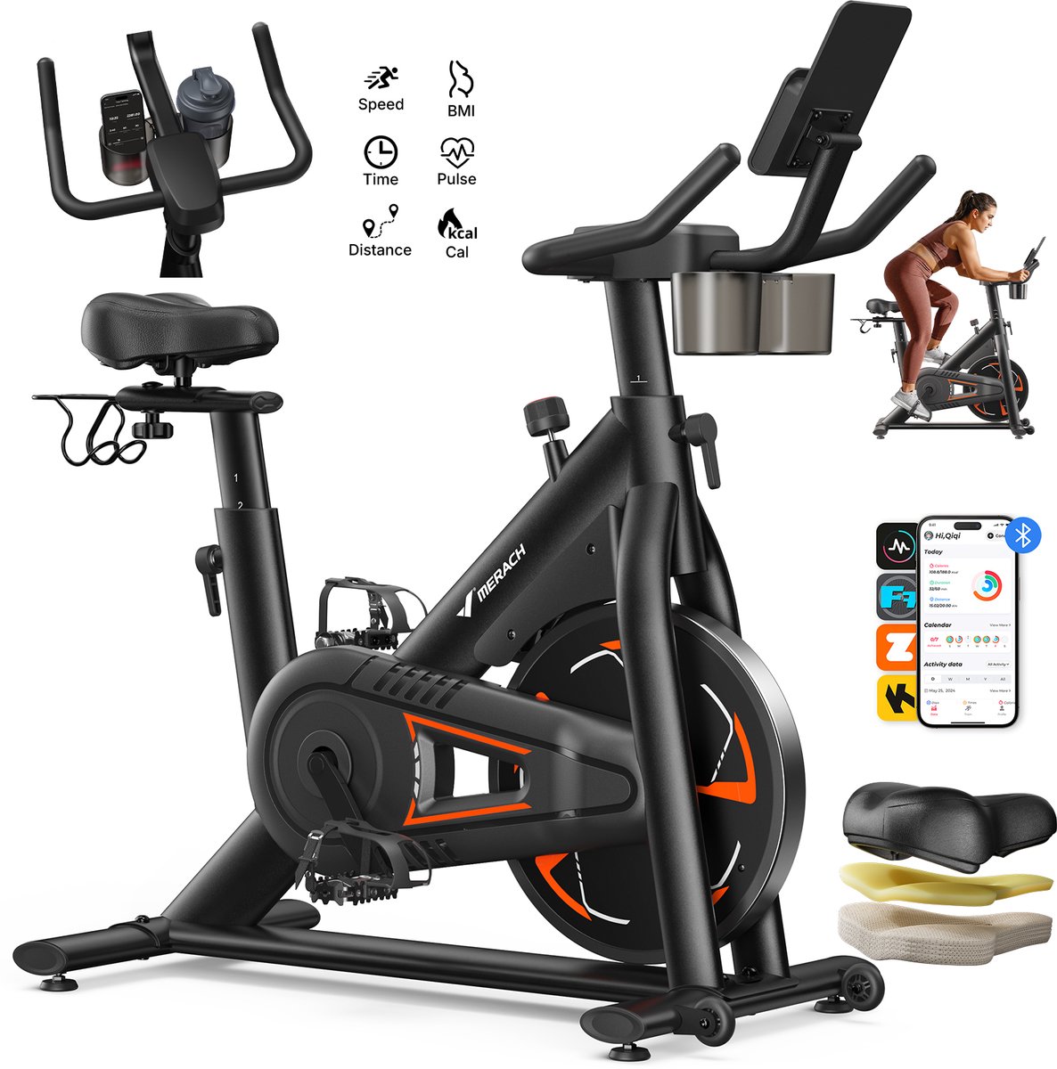 MERACH Magnetische Hometrainer - Vliegwiel 8 kg - 8 Niveaus Vloeibare Weerstand - LCD-scherm - Maximaal Gewicht 120 kg - Stil