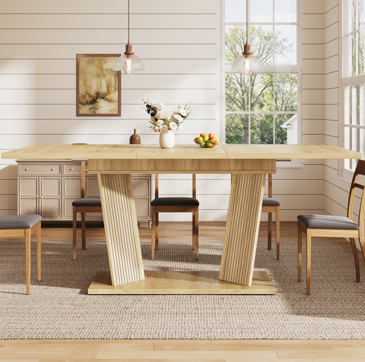 MIVRAY Uitschuifbare Eettafel - Moderne Rechthoek Met Stabiele Basis En Verstelbare Antislipvoetjes - Naturbruin - 120 Tot 160 Cm