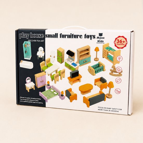 Doos met diverse houten poppenhuis meubels, waaronder een kinderbedje, wipwap, douche, bad, keuken, tafel, stoelen en bed.
