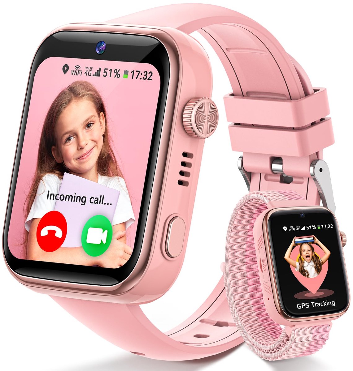 FOSMET 4G Smartwatch Kinderen - KidsWatch - Kinder Smartwatch - GPS Horloge Kind - SOS Knop - Tweeweg-gesprekken - GPS Horloge Kind - Kinderhorloge met Simkaart - Videobellen - Geschikt voor 4-12 Jaar - Meisje - Roze