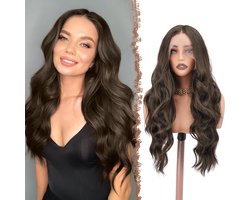 FESHFEN Frontal Lace Wig Long Wavy Wigs HD Lace Front Hair Wigs Synthetic Hair Wigs for Women, 70cm Medium Brown - ShopVlot