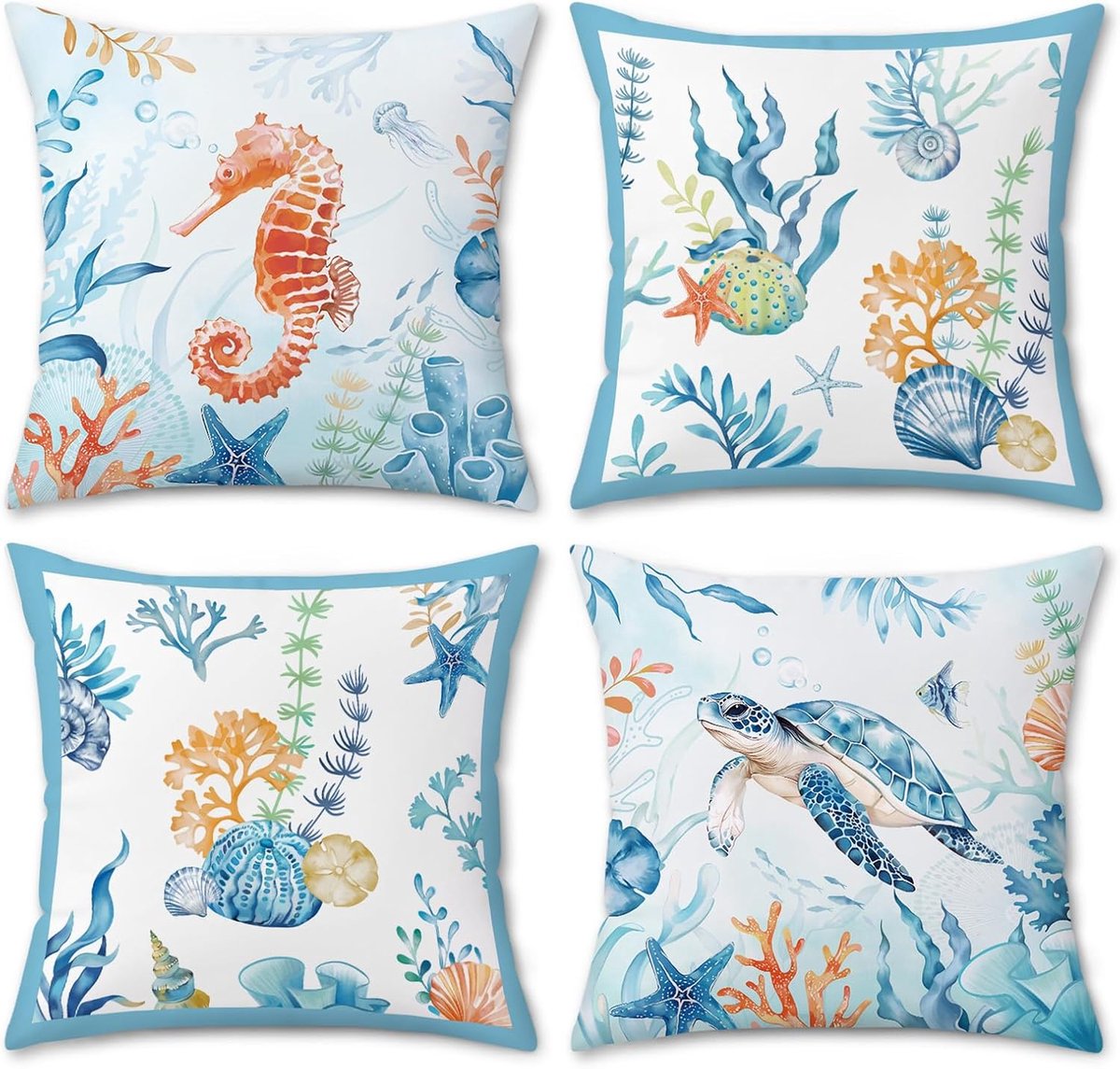 Kussenhoezen 45 x 45cm - Ocean Beach Thema - Waterverf Zeedieren - Voor Buiten Sofa Set van 4 - ShopVlot