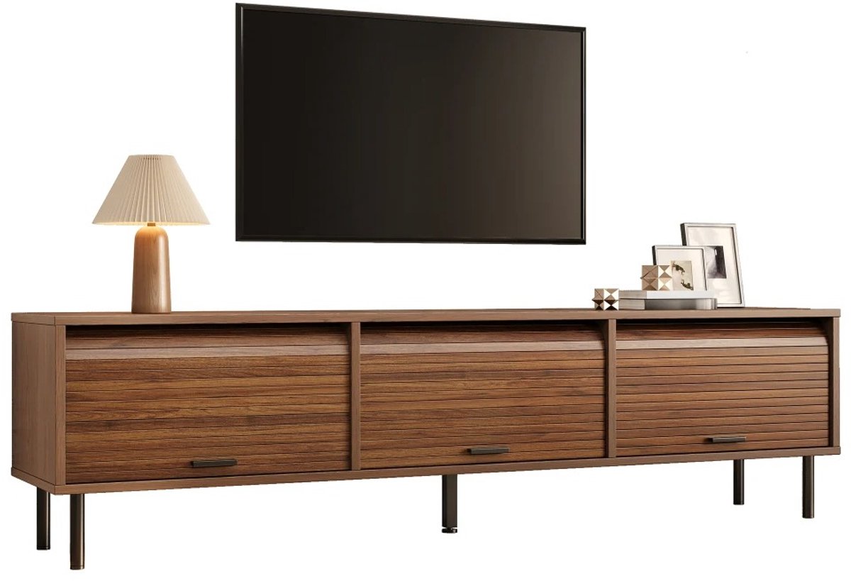 Emvae TV Meubel - TV Kast - Met 3 schuifdeuren en metalen poten - 180 x 40 x 55 cm - MDF en spaanplaat - walnootkleur