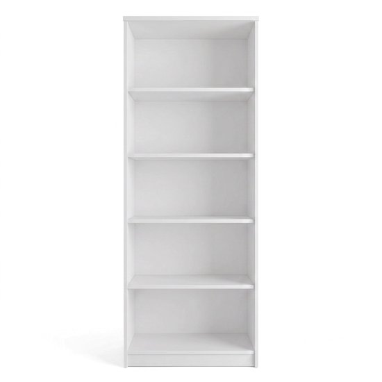 Armoire blanche sans portes, avec 5 étagères ouvertes.