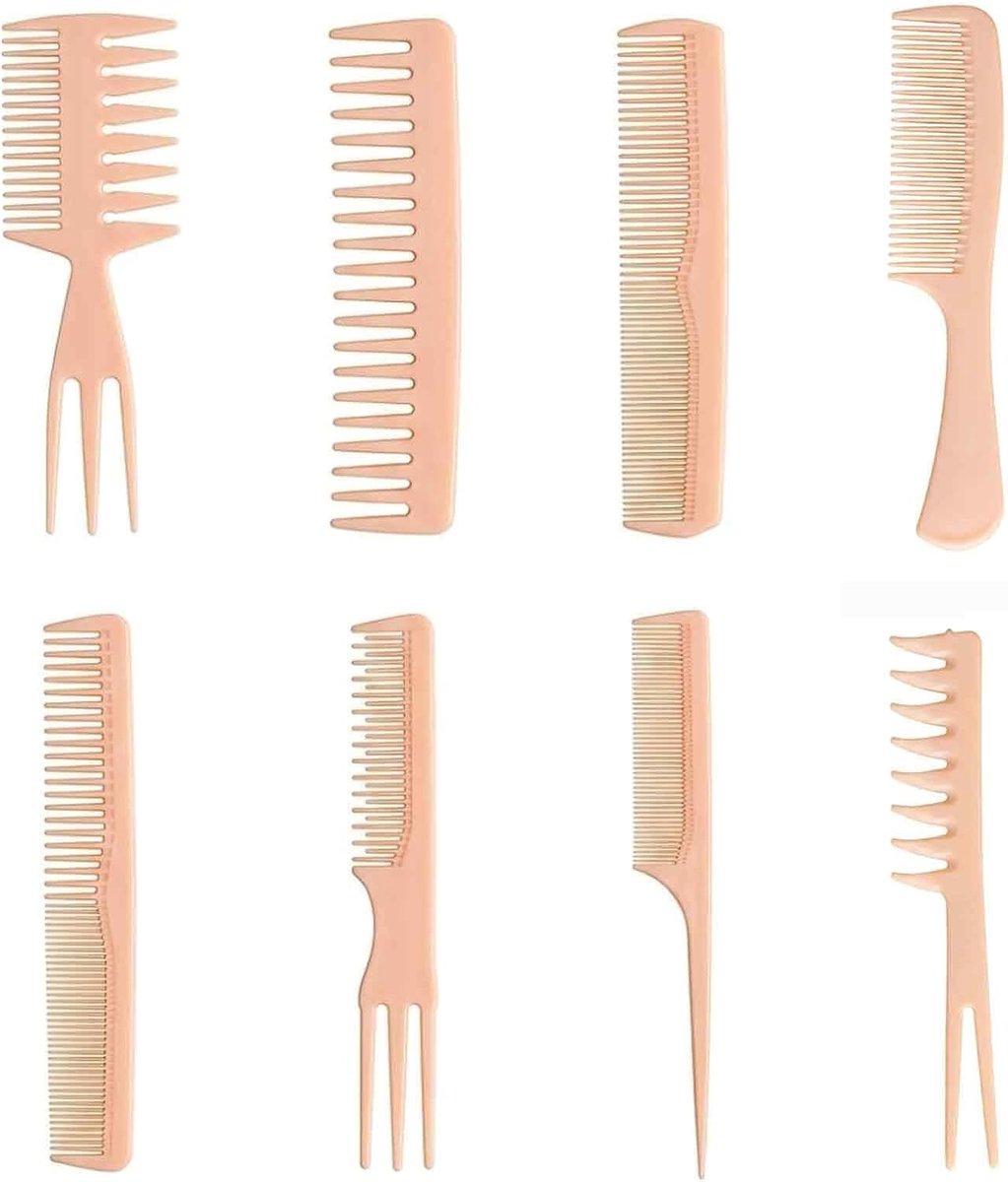Set van 8 professionele kapperskammen - beige - complete stylingset - perfect voor krullend haar - ShopVlot