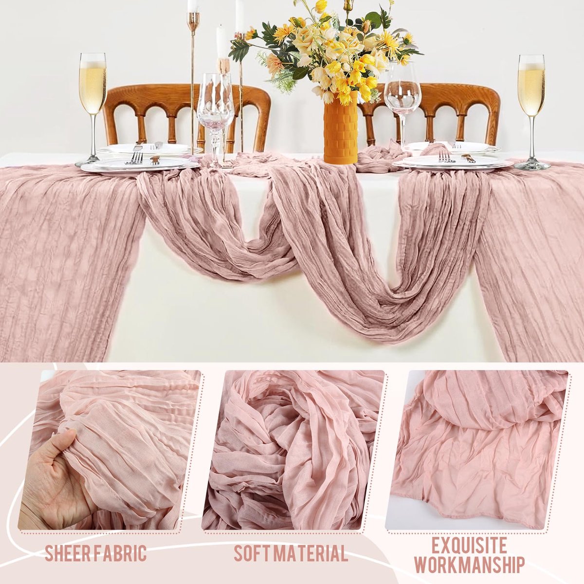 Revkknv 6 stuks tafellopers in roze, 55 x 300 cm, boho-gaas, kaasdoek, rustieke tafelloper van gaas, voor - ShopVlot