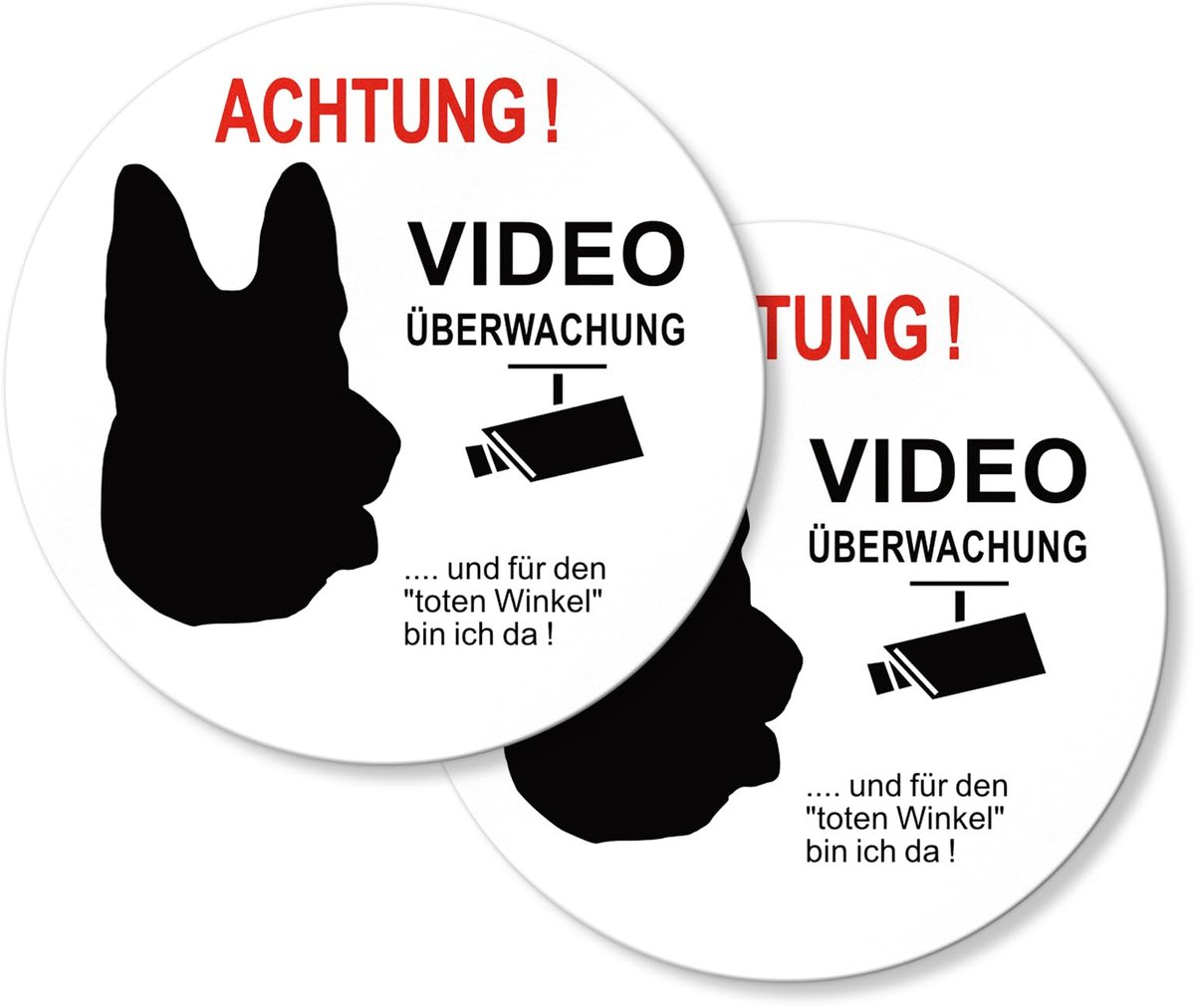 SINMAO Achtung Videobewakingsbord, zelfklevend, 10 cm, videobewaking, hondenbord voor binnen en buiten, 2 stuks - ShopVlot