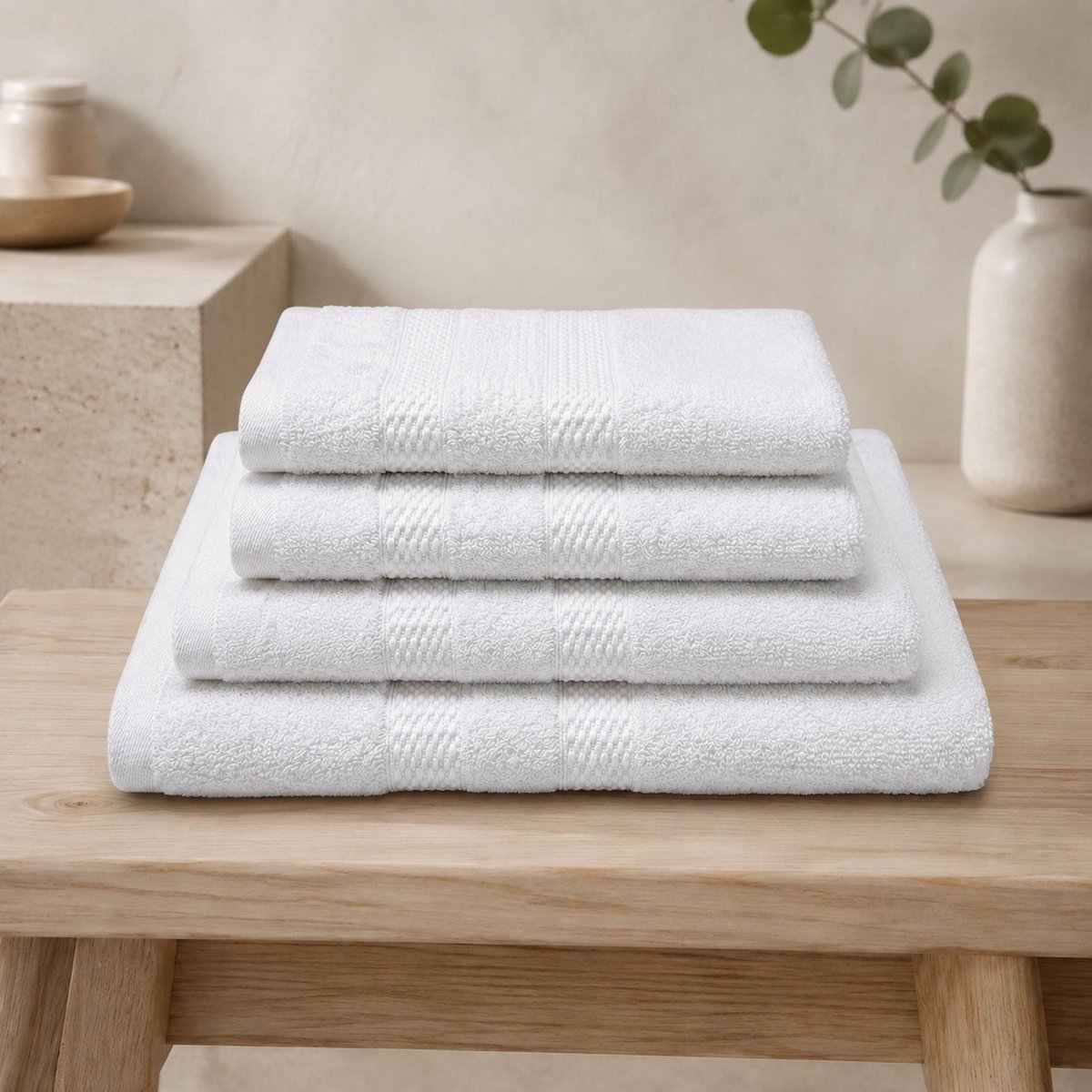 The Linen Room Handdoekenset – 4-delig – Saunahanddoek 100 x 150 cm, Handdoek & 2 Gastendoekjes – 100% Katoen – Dubbelgetwijnd 20/2 Garen – OEKO-TEX® – Sauna, Wellness & Strand – Wit