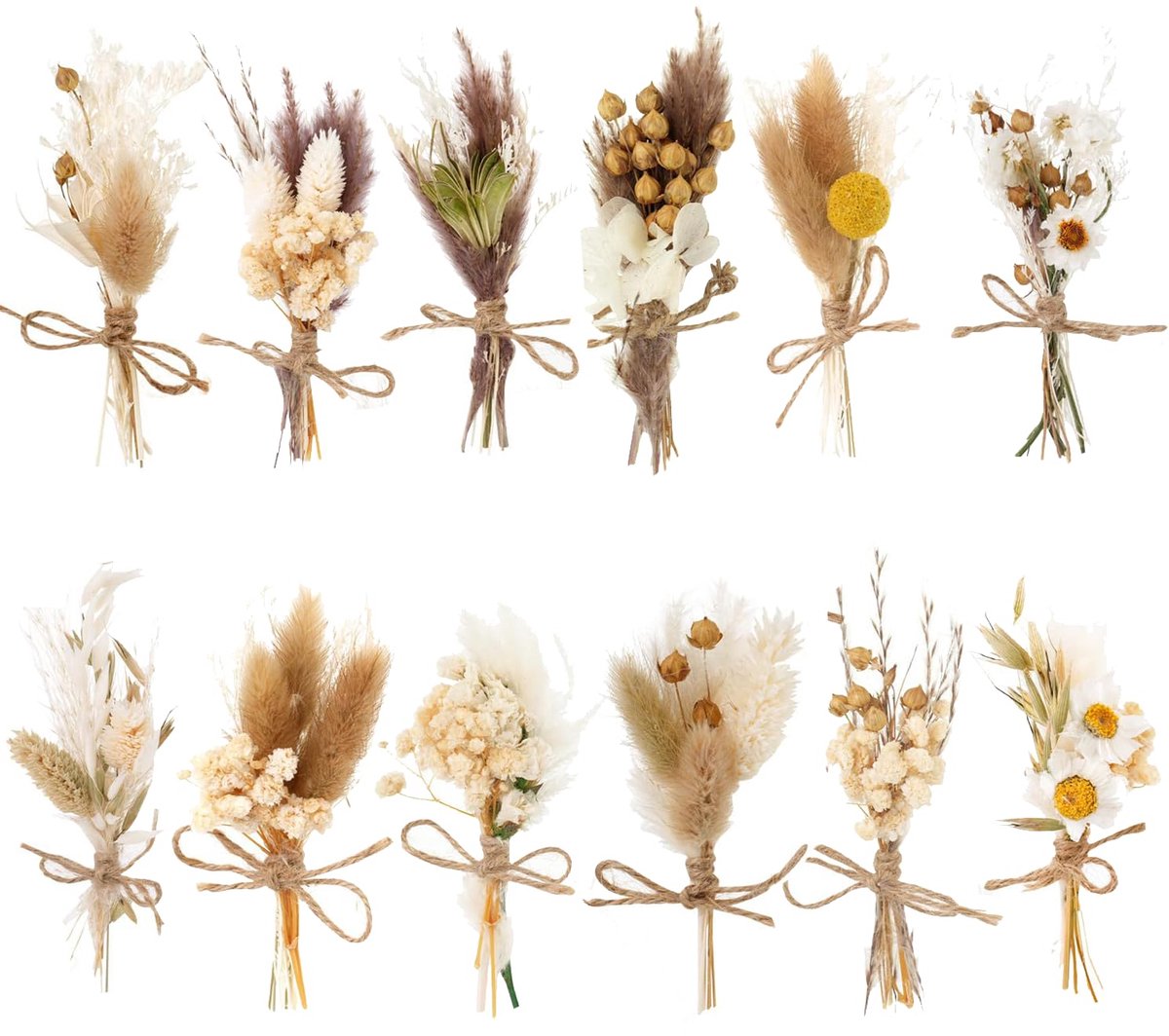 Gedroogde Bloemen - 12 Bundels Mini Boho Boeket - Natuurlijke Bloemdecoratie voor Tafel en Feesten (Natuurlijk) - ShopVlot