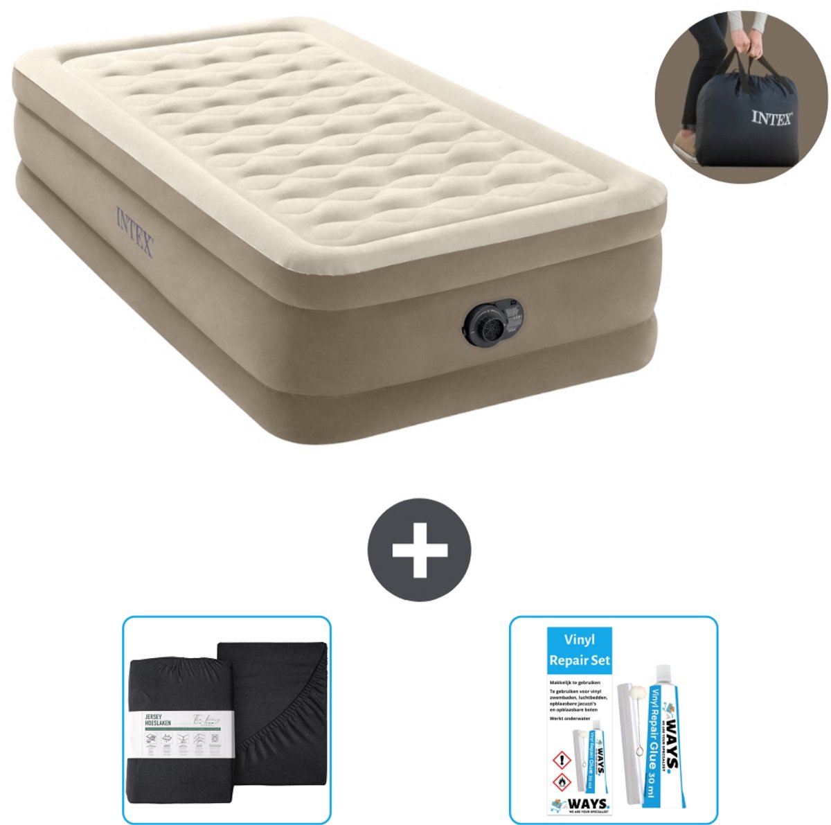 Intex Luchtbed - 1-Persoons - 99 x 191 x 46 cm - Beige - Inclusief pomp - Hoeslaken en Reparatieset