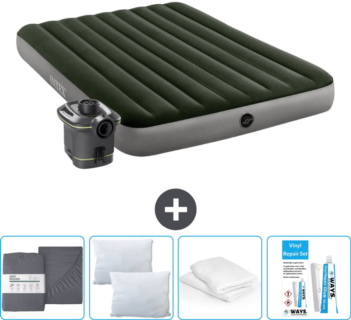 Intex Luchtbed - 2-Persoons - 152 x 203 x 25 cm - Groen - Inclusief pomp - Hoeslaken - Kussen - Reparatieset en Kussenbeschermer