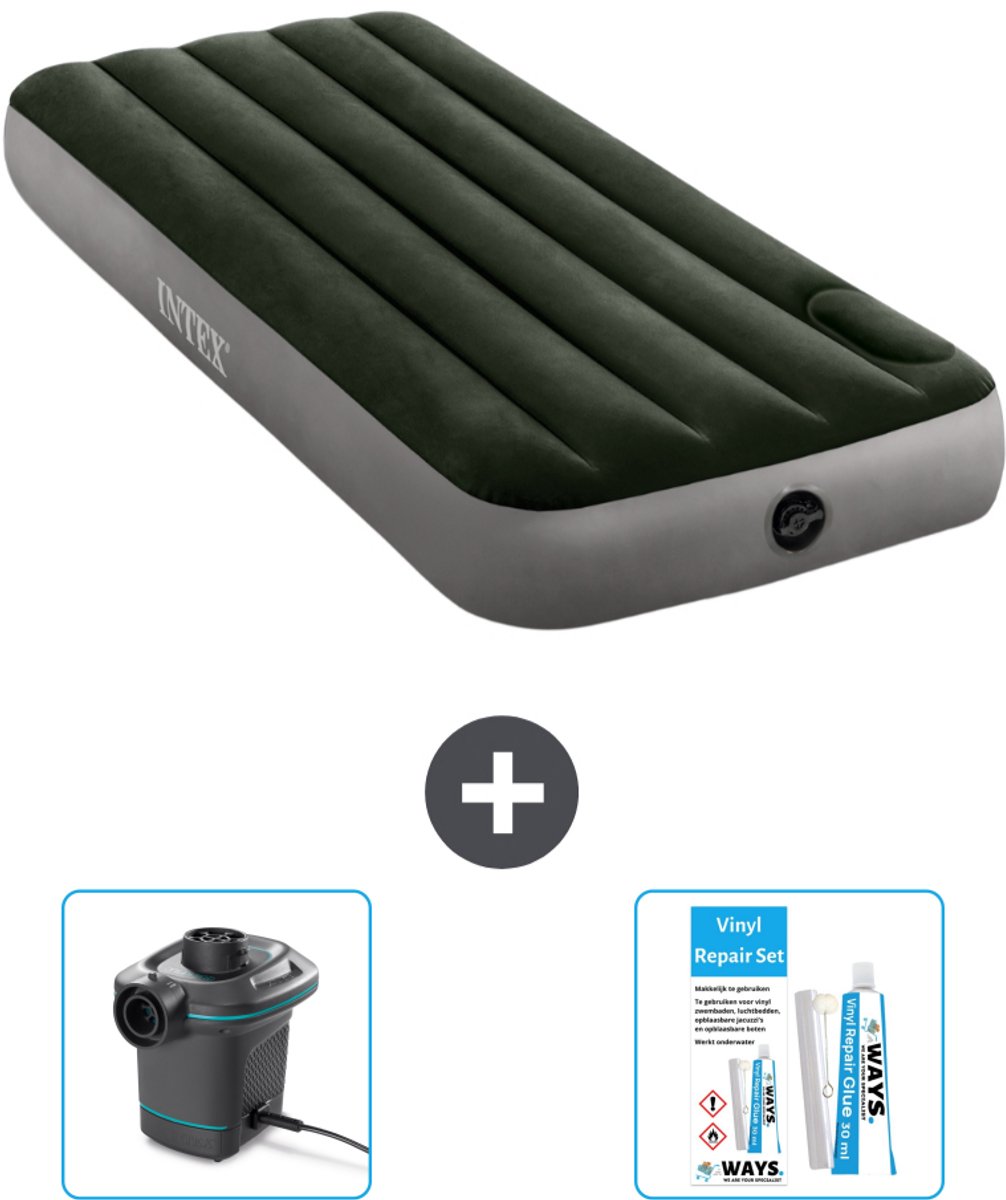 Intex Luchtbed - 1-Persoons - 76 x 191 x 25 cm - Groen - Pomp en Reparatieset