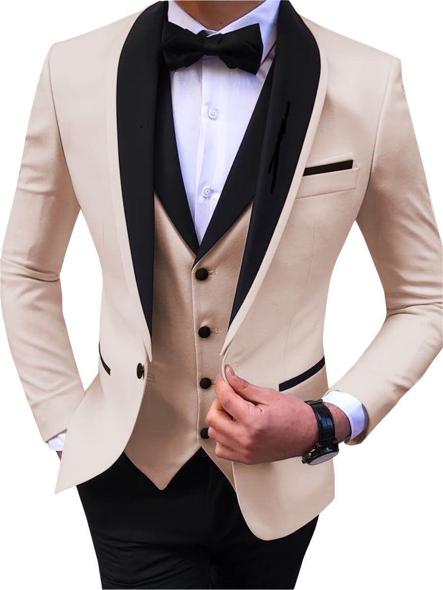 Currero 3 Delig Herenpak Met Overhemd - Suit 2 Delig - Tailored Fit Kostuum - Business Pak - Trouwpak - Smoking - Tuxedo Stijl - Bruiloft, Kantoor & Feest - Beige XXXL