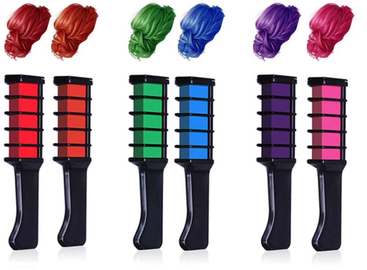 6x Haarkrijt - Haar krijtjes - Tijdelijk haar verven - Gekleurd haar - Tijdelijke haarkleur - Haarverf - Hair chalk - 6 kleuren (roze/rood/paars/blauw/groen/oranje) - Jonyx
