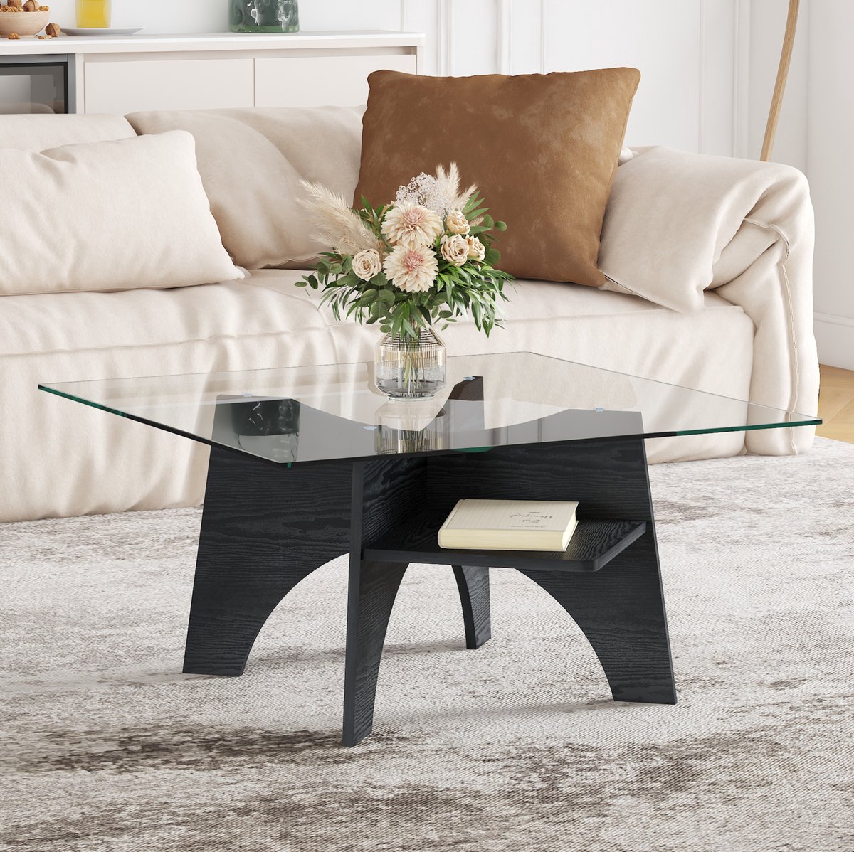 MIVRAY Salontafel - Vierkante Tafel Van Veiligheidsglas Met MDF Frame In Zwarte Houtlook - Modern Voor Woonkamer - 80x80x40 Cm