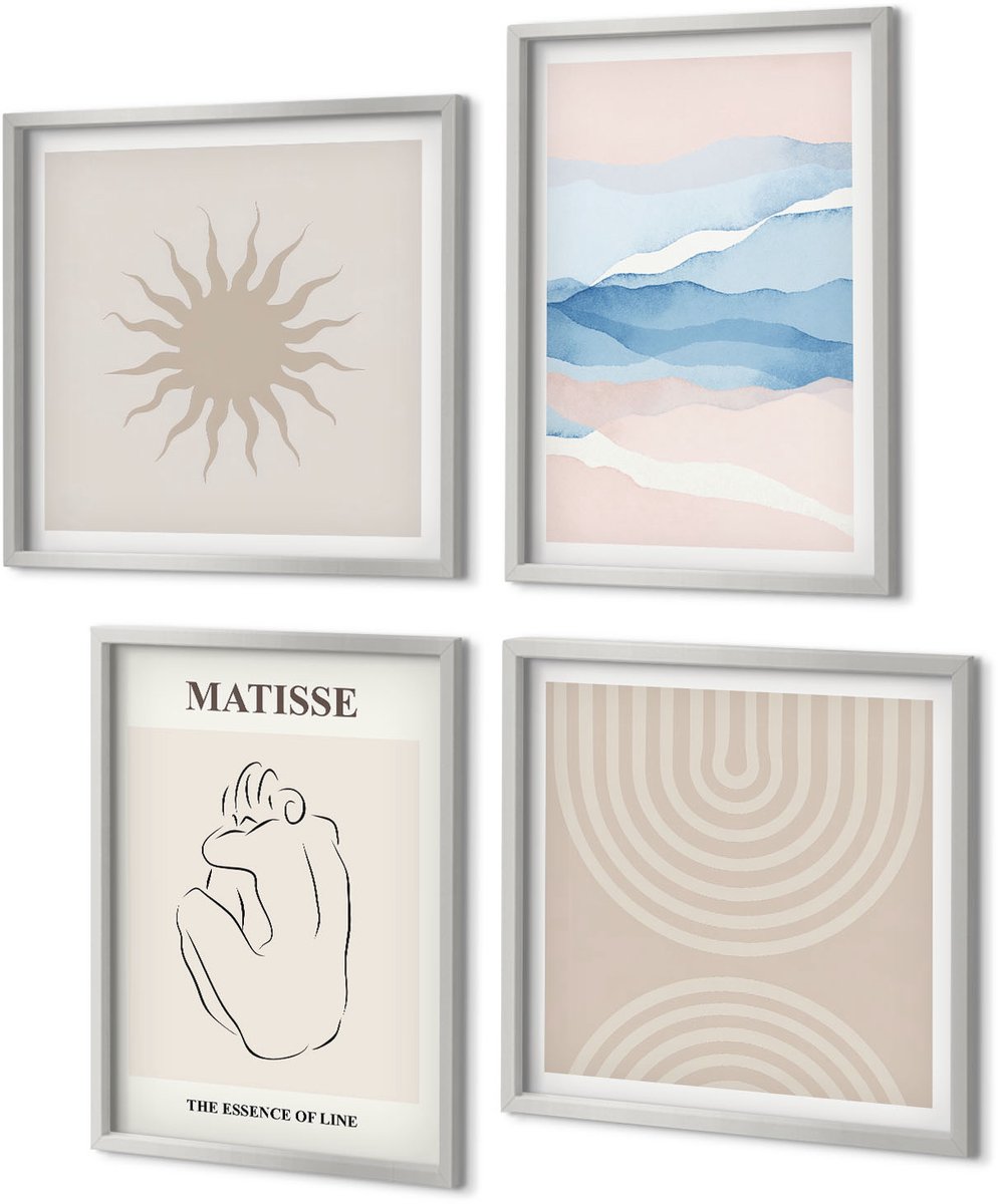 Coloray 4-Delige Schilderij Set - Lijnen en golven in pasteltinten met een minimalistisch accent. - 40 x 40 cm en 40 x 60 cm - Muurdecoratie - Schilderijen Set - Woonkamer - Moderne Wanddecoratie