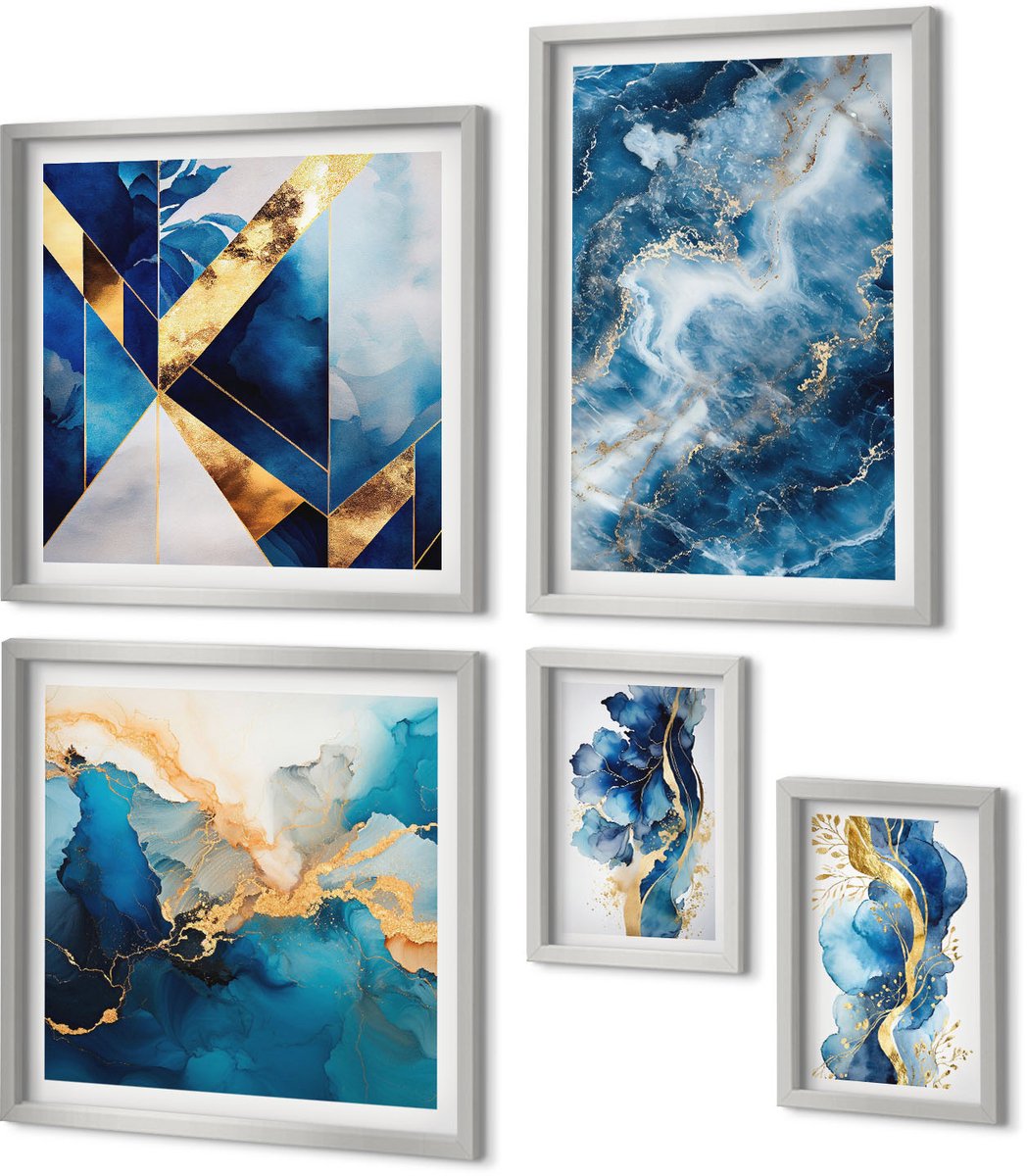 Coloray 5-Delige Schilderij Set - Blauwe Abstracte Patronen Met Subtiele Accenten - 20 x 30 cm - Wanddecoratie - Moderne Interieurdecoratie - Interieur Decoratie