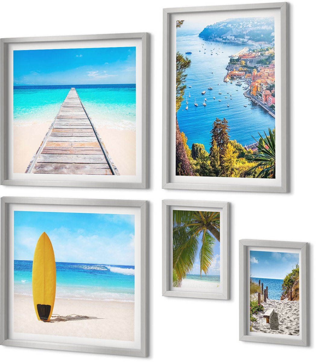 Coloray 5-Delige Schilderij Set - Vakantiegezichten, Strandgolven En Palmbomen In De Tropen - 20 x 30 cm - Wanddecoratie - Schilderijen Set - Interieur - Interieur Decoratie