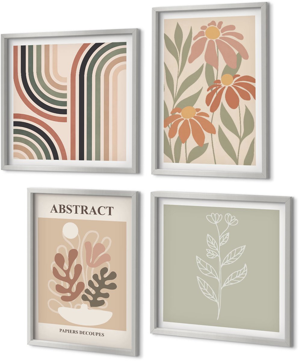 Coloray 4-Delige Schilderij Set - Abstracte planten en patronen in pastelkleuren - 40 x 40 cm en 40 x 60 cm - Wanddecoratie - Schilderijen Set - Interieur - Moderne Wanddecoratie