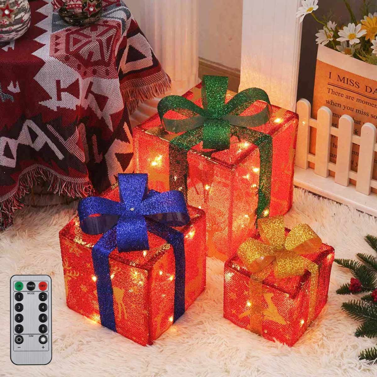 Meedeer Set van 3 led-geschenkdozen-Decoratieve geschenkdoos-Kerstdecoratie-Cadeaudozen met 8 lichtmodi-Met strik-Kerstverlichting-werkt op batterijen-voor kerstdecoratie buiten en binnen