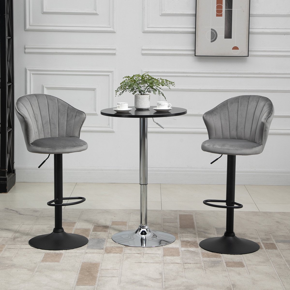 FloraGrace Barkruk Set van 2 – Draaibaar, Hoogteverstelbaar & Met Rugleuning – Voor Keuken, Bar En Eetgedeelte – Velvet – Grijs