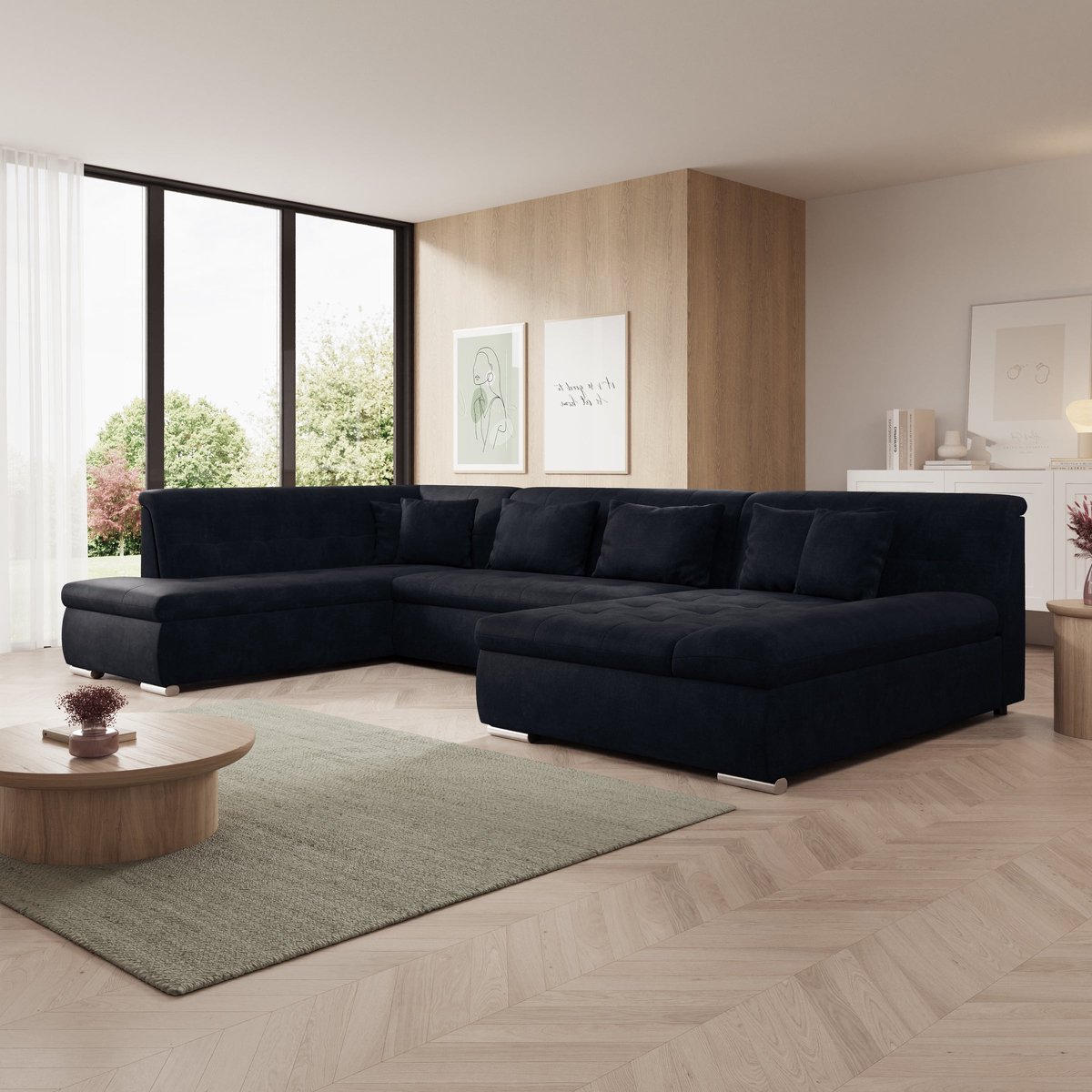 Meubella - Alberta XL - Hoekbank 5-zits - Zwart - Velvet - Rechts