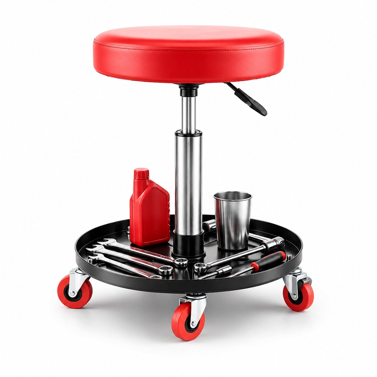 Home & Beyond® Gereedschapskruk met Wielen - Verstelbare Werkkruk - Draaibare Monteurskruk - Zwart-rood - 44-59,5 cm