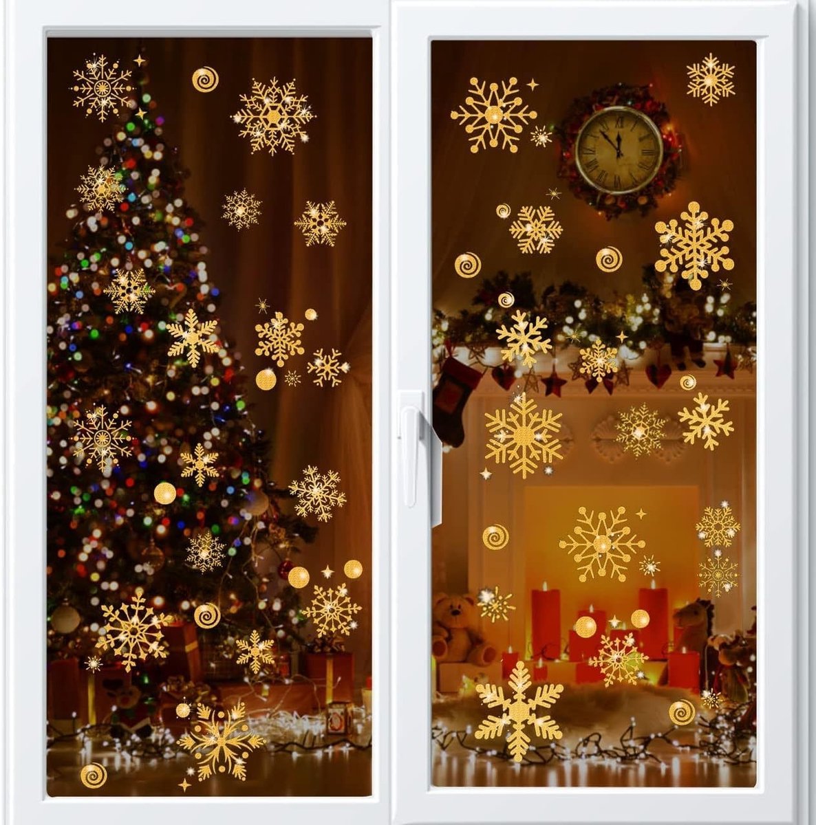 Kerst Raamstickers - Goud - 30 x 37 cm - Zelfklevende PVC Sneeuwvlokken - Voor Raamdecoratie