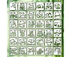 PALUMMA 32 stuks Panda Bamboe Grove Schilderen Stencil voor Schilderen, Herbruikbare DIY Leuke Cartoon Dier Thema - ShopVlot