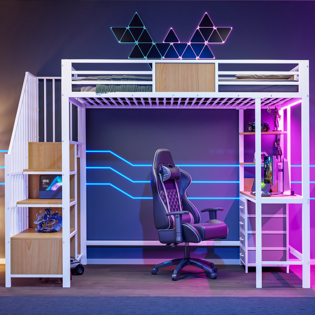 Hoogslaper - 90 x 200 cm - 1-persoons - met bureau - met opbergruimte - met LED-verlichting - met stopcontact - Wit