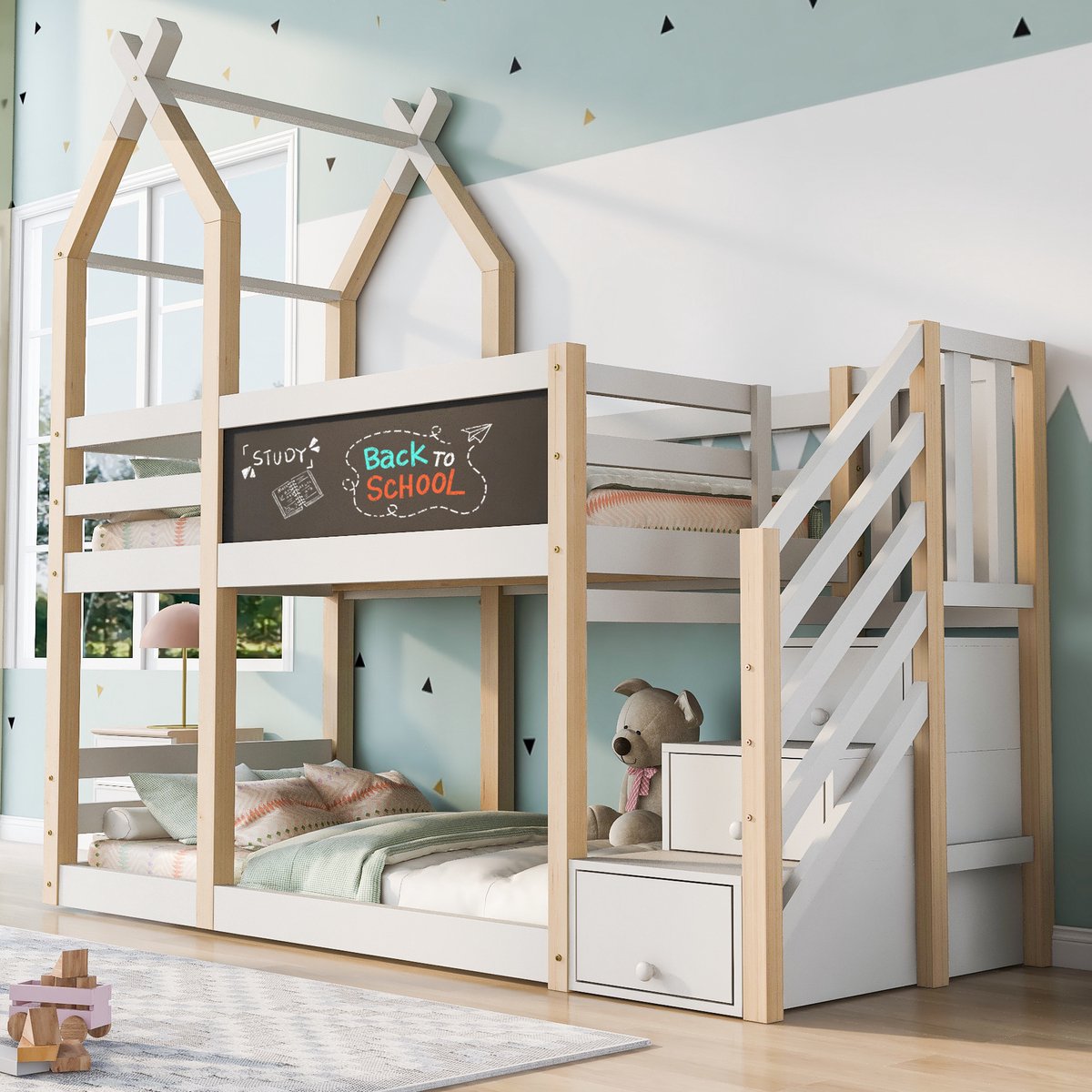 Stapelbed - 90 x 200 cm - 2 slaapplaatsen - met opbergruimte - met glijbaan - met trap - Wit