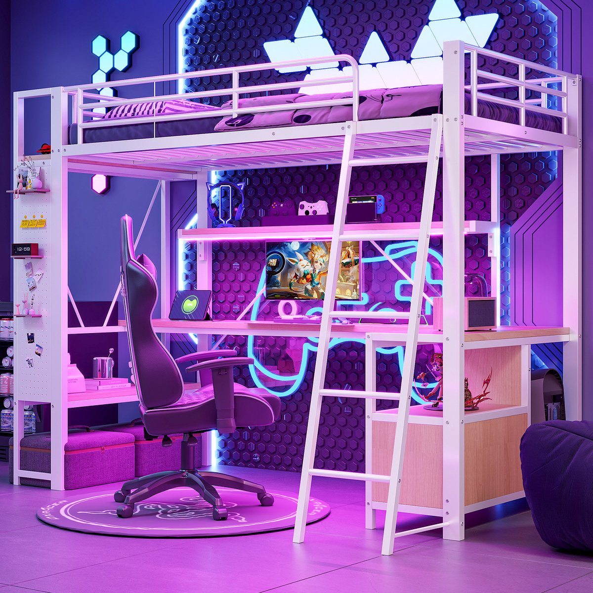 Hoogslaper - 90 x 200 cm - 1-persoons - met bureau - met opbergruimte - met LED-verlichting - met USB en stopcontact - Wit