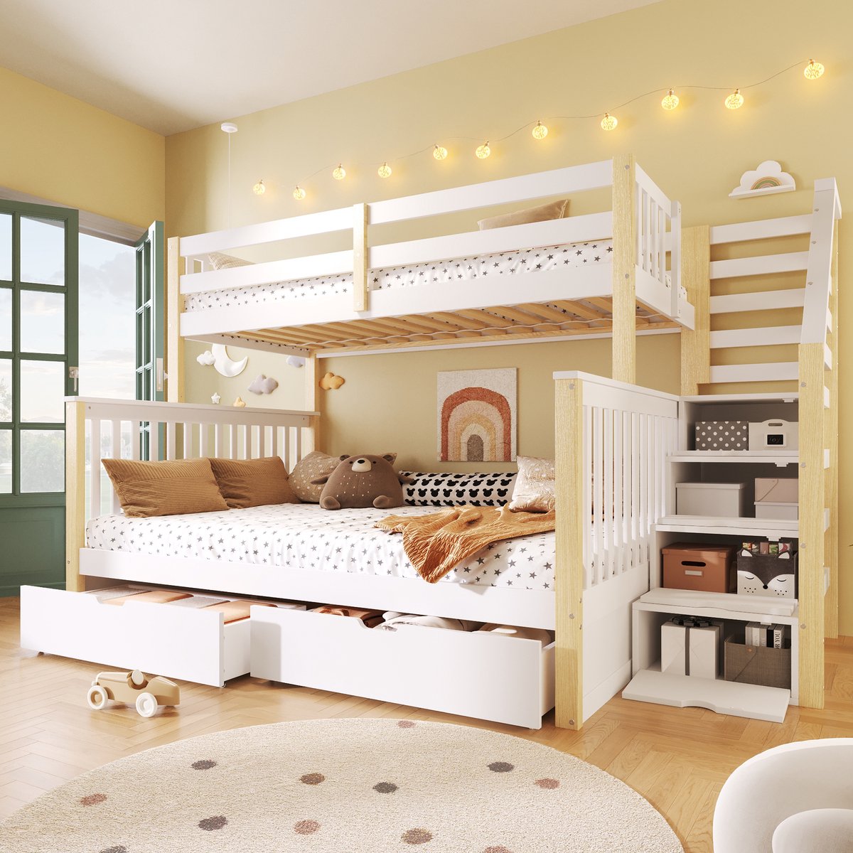 Stapelbed - 90/140 x 200 cm - 2 slaapplaatsen - met opbergruimte - met ladder - Wit en Naturel