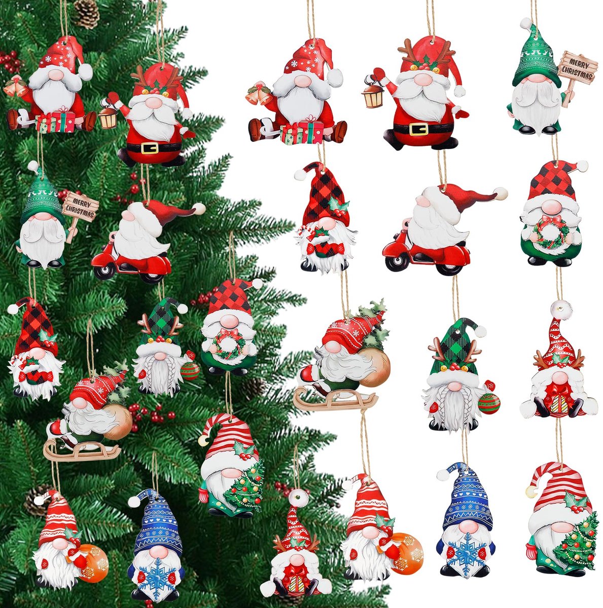 Kiiwah 24 stuks houten hangers voor Kerstmis, kerstboomversiering, houten kersthangers met koord, kerstboomversiering - ShopVlot