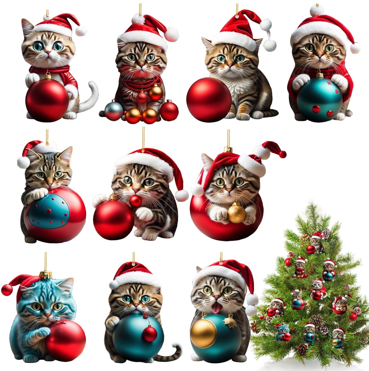10 stuks kerstboom katten hangers, kerstdecoratie hangers, acryl hangers kerst, kerstboomversiering voor kerstfeest - ShopVlot