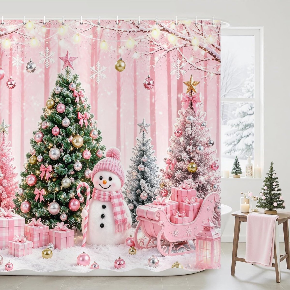Douchegordijn Kerstmis 180 x 200 cm, schattige roze sneeuwpop kerstboom winterbos waterdicht badgordijn polyester stof - ShopVlot