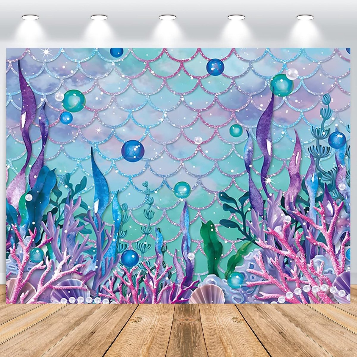 Under the Sea Background 2.2x1.5m, Fantastic Purple Glitter Mermaid Scale Coral Pearl Bells Photography Backdrop - ShopVlot
