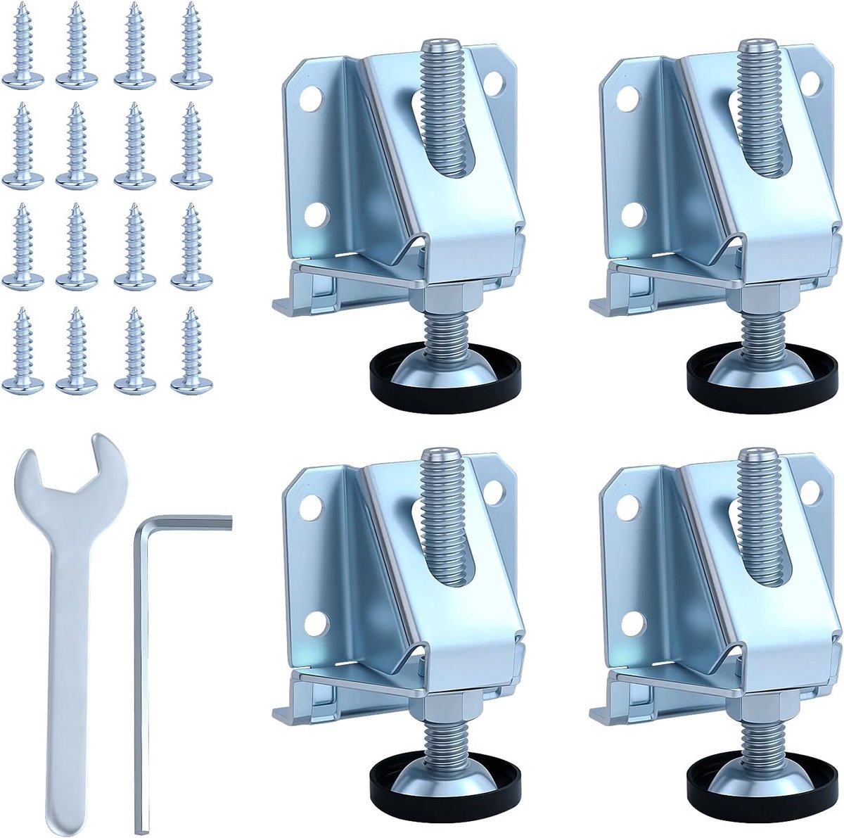 4 stuks heavy duty instelbare nivelleraar met 16 schroeven en 2 moersleutels, zilverkleurig, high-performance - ShopVlot
