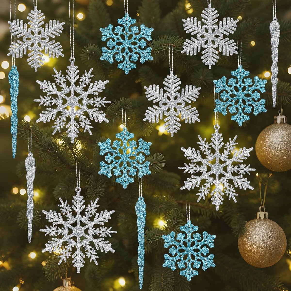 Kiiwah 22 Pcs Hanging Christmas Tree Ornaments, Glitter Snowflake Icicle Ornaments with Silver Line, Hanging Pendants - ShopVlot