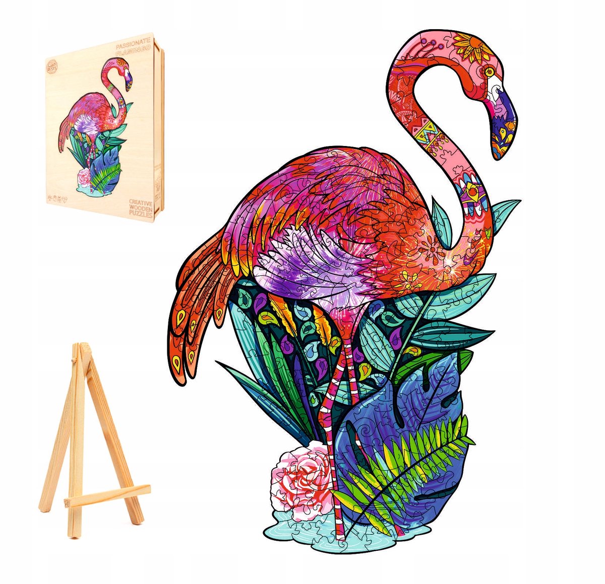 Houten Puzzel Flamingo 283 Stukjes in Luxe Houten Kist met Standaard
