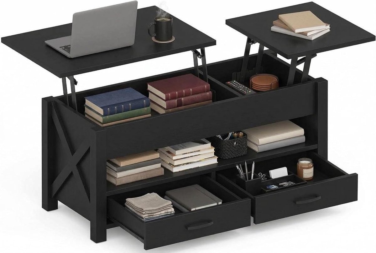 Salontafel met opklapbaar blad, 2 opberglades en een verborgen vak, houten bijzettafel met converteerbaar blad voor woonkamer, thuiskantoor of landelijke bijzettafel - zwart