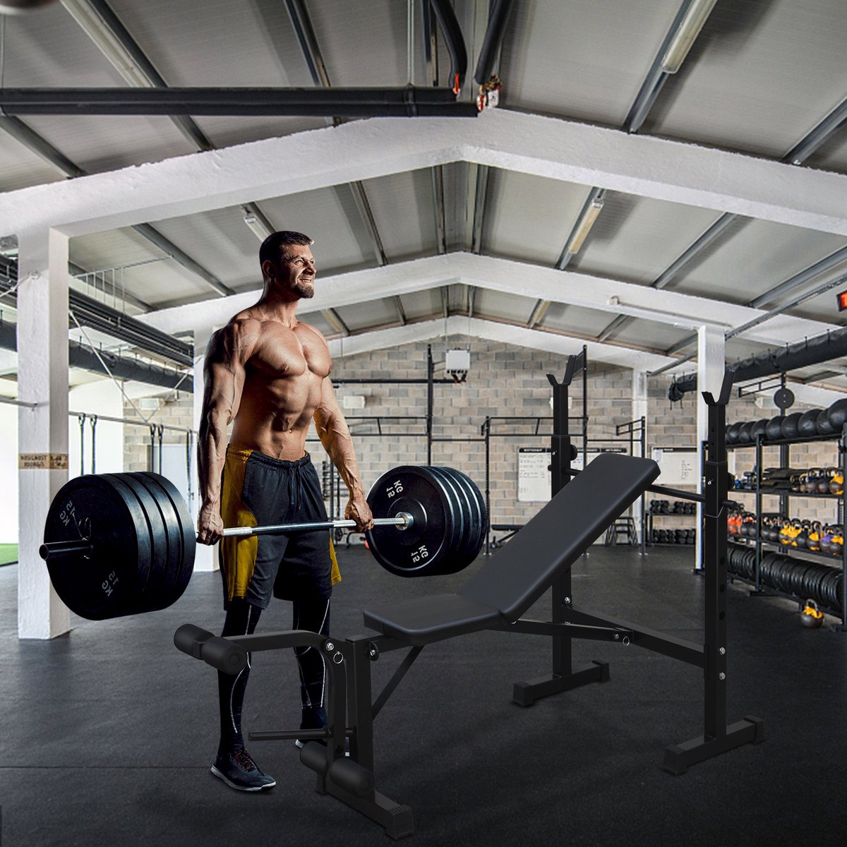 REDOM - Halterbank met squat rack - Verstelbare rugleuning en 5-voudige barbellsteun - Inklapbaar - Voor home gym - IJzer - Zwart - 172 x 83 x 118 cm