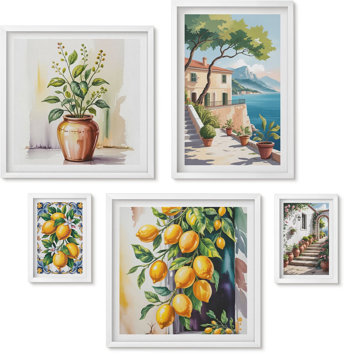 Wallfluent 5-Delige Schilderij Set - Mediterrane Landschappen Met Citrusvruchten En Vegetatie - 50 x 50 cm, 20 x 30 cm En 40 x 60 cm - Decoratieve Schilderijen - Wanddecoratie - Hal - Moderne Wanddecoratie