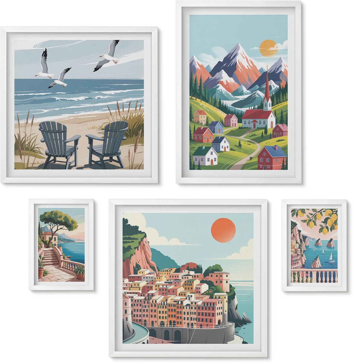 Wallfluent 5-Delige Schilderij Set - Berg- En Kustlandschappen In Retrostijl - 50 x 50 cm, 20 x 30 cm En 40 x 60 cm - Muurdecoratie - Interieur Decoratie - Decoratieve Schilderijen