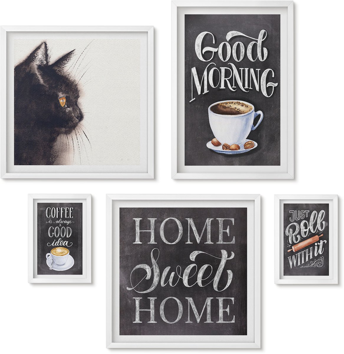 Wallfluent 5-Delige Schilderij Set - Koffie-Inspiratie Met Een Kat En Positieve Slogans - 50 x 50 cm, 20 x 30 cm En 40 x 60 cm - Stijlvolle Wanddecoratie - Interieur - Decoratieve Schilderijen