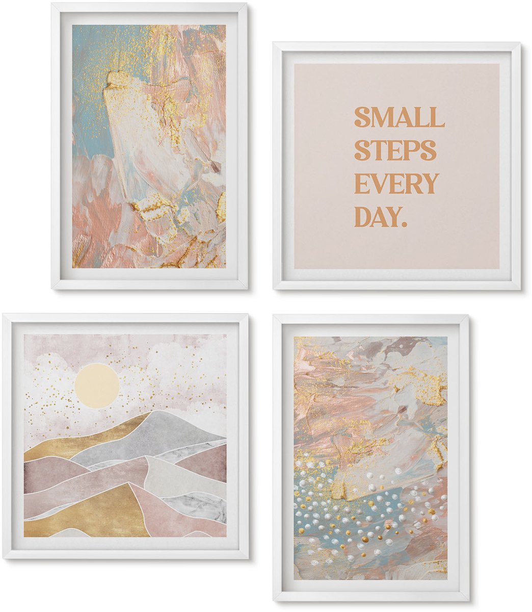 Wallfluent 4-Delige Schilderij Set - Abstracte Patronen In Pastelkleuren En Textuur - 40 x 40 En 40 x 60 - Decoratieve Muurdecoratie - Slaapkamer - Woonkamer Decoratie