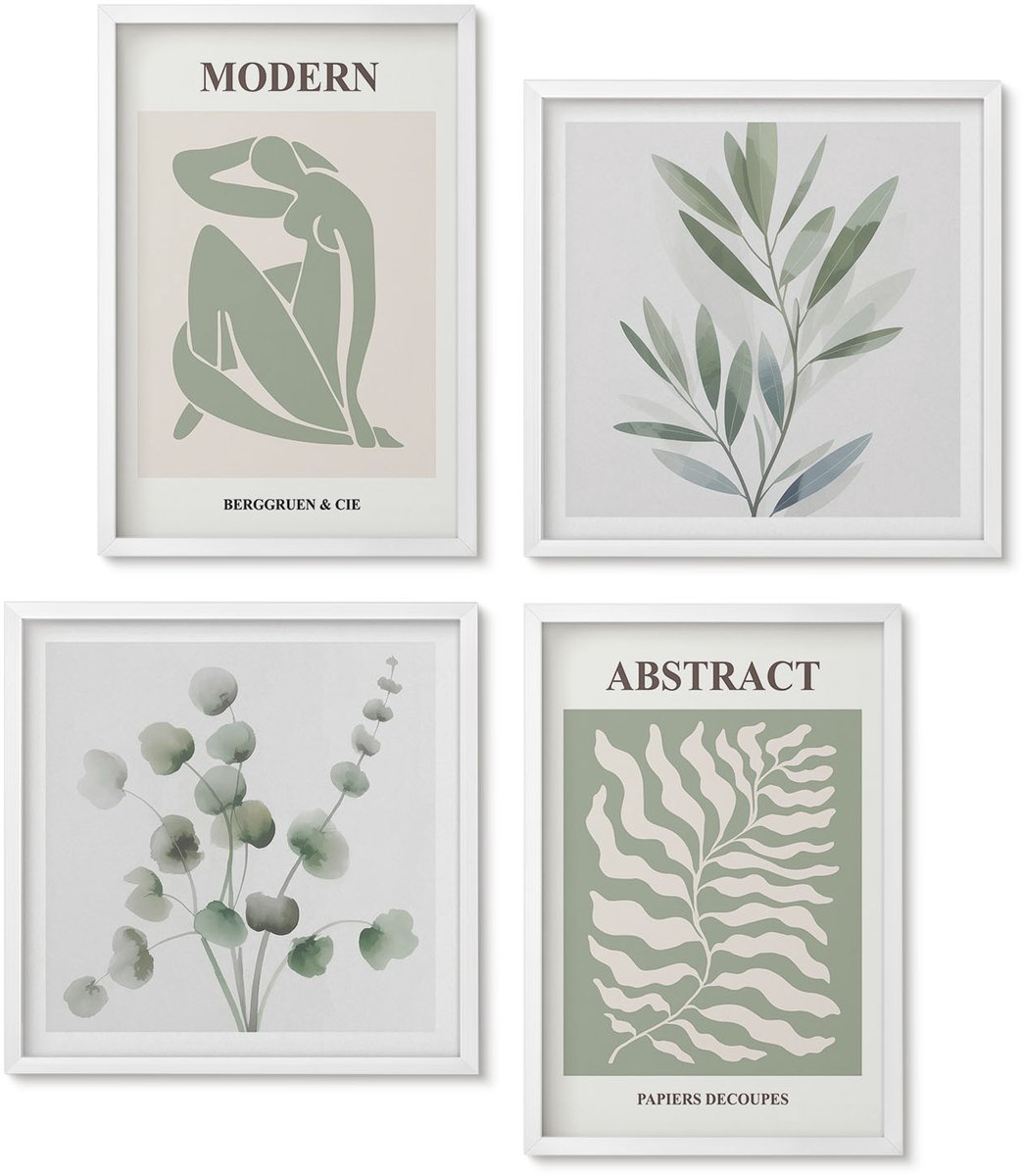 Wallfluent 4-Delige Schilderij Set - Matisse Design Aquarel Boho Planten - 40 x 40 En 40 x 60 - Muurdecoratie - Wanddecoratie - Hal - Decoratieve Schilderijen