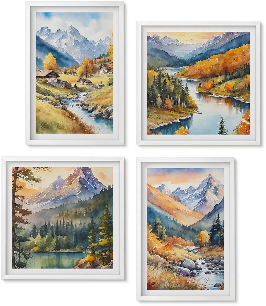 Wallfluent 4-Delige Schilderij Set - Berglandschap Met Een Rivier En Huisjes In Herfstkleuren. - 40 x 40 En 40 x 60 - Wanddecoratie - Schilderijen Set - Interieur - Stijlvolle Muurdecoratie